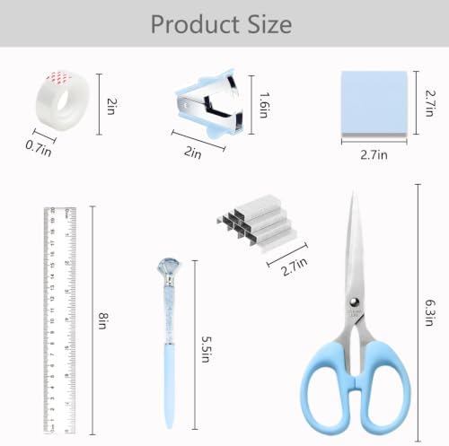 Office Supplies,School Supplies,Blue Desk Accessories,Desk Organizer,Scissors,Stapler,Tape Dispenser,Binder Clips,Staples,Staple Remover,Sticky Notes,Clear Tape,Pen,Ruler,Best Gift,11pcs - Image 7