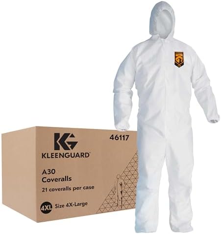 KleenGuard™ A30 Breathable Splash & Particle Protection Coveralls (46117), Zipper Front, Elastic Back, Wrists, Ankles & Hood, White, Reflex Design, 4XL (Qty 21) by KLEENGUARD
