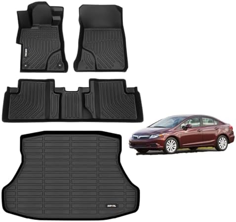 AIPOIL® Custom Fit TPE Floor & Cargo Liners for 2012-2015 Honda Civic & Civic Si Only Sedan (Not Coupe), All-Weather Waterproof Stain-Resistant Durable Raised Edge Car Liners by AIPOIL