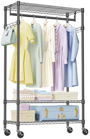 IZEUK Heavy Duty Rolling Garment Rack Wire Clothes Rack for Hanging Clothes (Black, 3 Tier with 2 Rod, 29.5" W x 15.7" D x 75" H) by IZEUK