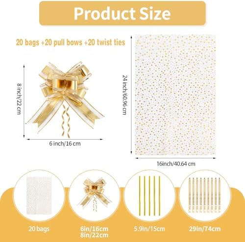 COQOFA 20 Pieces Large Cello/Cellophane Bags,16x24 Inches Clear Basket Gift Bags Gold Star Printed OPP Plastic Cellophane Wrap for Baskets Gift Packaging with Gold Pull Bows - Image 2