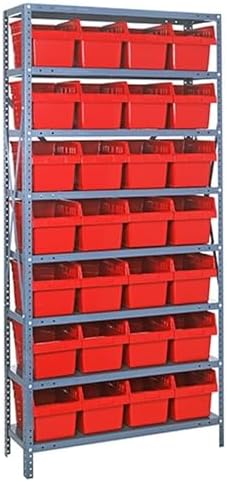 Quantum 1275-SB807RD Heavy Duty Shelving Unit with (8) Shelves and (28) QSB807 Red Bins for Garage Warehouse Storage Distribution | 400 lb Load Capacity | 12"D x 36"L x 75"H, Galvanized Carbon Steel by QuantumStorageSystems