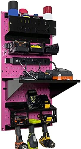 Wall Control Power Tool Storage Organizer Kit Cordless Drill Holder Charging Station Rack 16” x 32” Metal Pegboard Organization System (Pink Pegboard) by Wall+Control