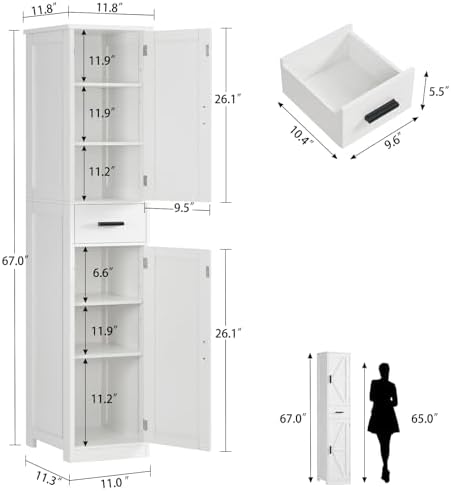 TEENFON 67 Tall Bathroom Cabinet with 6 Shelves & 1 Drawer, Narrow Storage Cabinet with Adjustable Shelves, Silm Cabinet for Living Room, Kitchen, White - Image 3