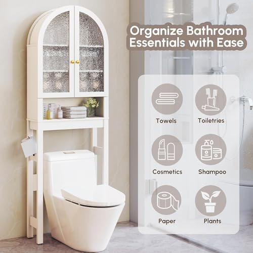 HMstone Over The Toilet Storage Cabinet, Arched Bathroom Organizer and Storage with Acrylic Doors and Adjustable Shelf, Space-Saving Freestanding Bathroom Modern Storage Cabinet Over Toilet, White - Image 4