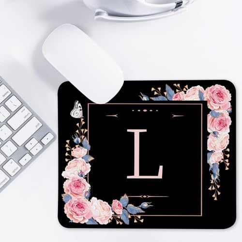 Letter L Black and Pink Flowers Square Mouse Pad, Mouse Pad with Stitched Edge and Non-Slip Rubber Base,Mouse Mat,Home Office Decor Desk Accessories,9.4x7.8x0.12 inch Square Mouse Pad - Image 7
