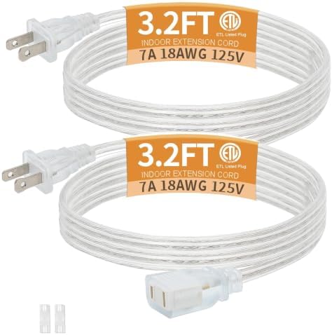 3.2 Feet Clear Extension Cord Indoor Thin, Male to Female, 2 Pack by haultop