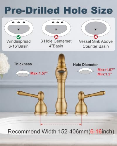 Aolemi Widespread Bathroom Sink Faucet 3 Hole Metal Lever Antique Brass - Image 3