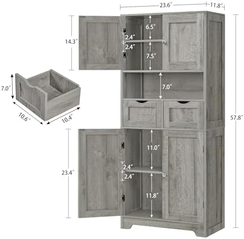 Iwell Tall Storage Cabinet with Adjustable Shelf, Bathroom Cabinet with 2 Drawers, Linen Cabinet for Living Room, Grey - Image 3