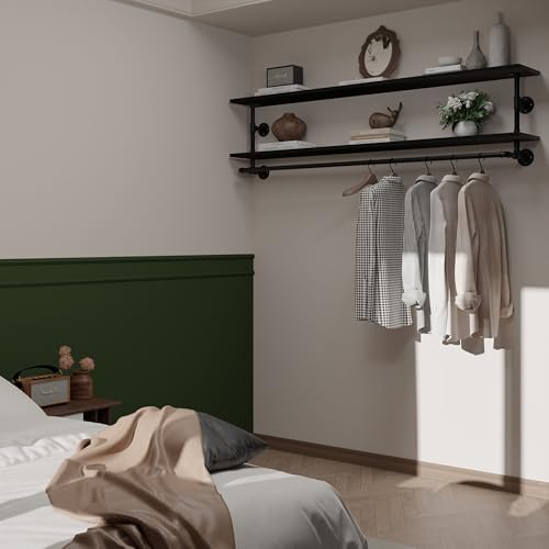 Black Clothes Rack 70in, 2-Tier Wall Mounted Garment Rack with Real Wood Shelf, Heavy Duty Hanging Clothes Rack, Multi-Purpose Hanging Rod, Space-Saving Closet Storage - Image 4