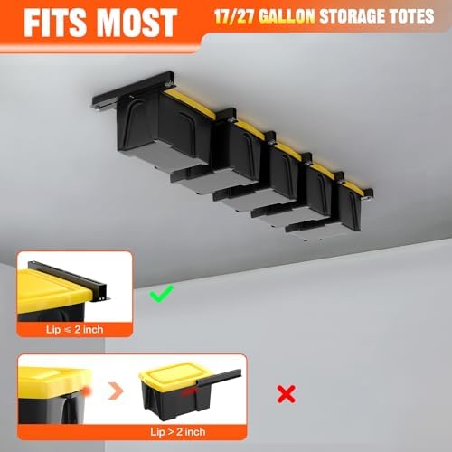 TORACK Garage 16" Studs Ceiling Bin Storage Rack, Overhead Tote Storage Rails Heavy Duty Adjustable Tote Slide Rails for 5 Bins(Bins are not included) - Image 4