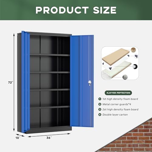 Greenvelly Metal Garage Storage Cabinet, 72" Black Blue Tool Steel Locking Cabinet with Doors and 4 Shelves, Tall Cabinets for Garage Storage Systems Lockable File Cabinet for Home Office,Garage - Image 3