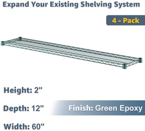 Industrial 12x60 Wire Shelf 4-Pack Green, NSF Metal Shelving Add-On for Warehouse Rack - Image 2
