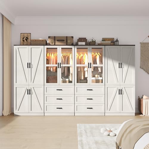75" Tall Farmhouse 8 Doors Armoire Wardrobe Closet with 6 Drawers and LED,Freestanding Closet Wardrobe Cabinet for Bedroom with Hanging Rod,Wooden Armoire Storage Cabinet(Rustic Off White 8 Doors) - Image 4