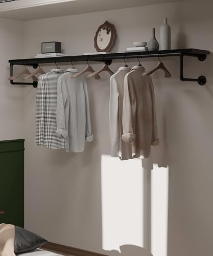 Clothes Rack 70in, Wall Mounted Garment Racks with Real Black Wood Shelf, Heavy Duty Hanging Clothes Rack, Multi-Purpose Hanging Rod, Space-Saving Closet Storage by INDUSTRIALSHELVESDESIGN