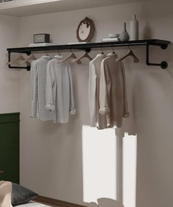 Clothes Rack 70in, Wall Mounted Garment Racks with Real Black Wood Shelf, Heavy Duty Hanging Clothes Rack, Multi-Purpose Hanging Rod, Space-Saving Closet Storage by INDUSTRIALSHELVESDESIGN