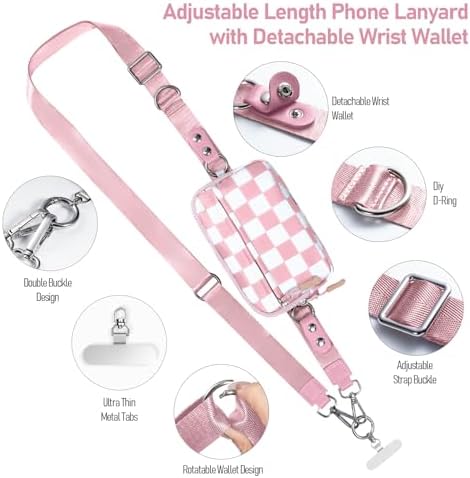 Tiostep Clip and Go Strap for Phone with Wallet Crossbody Phone Lanyard Adjustable and Detachable RFID Wristlet Wallet (Dusty Pink Checkered, Large) - Image 2