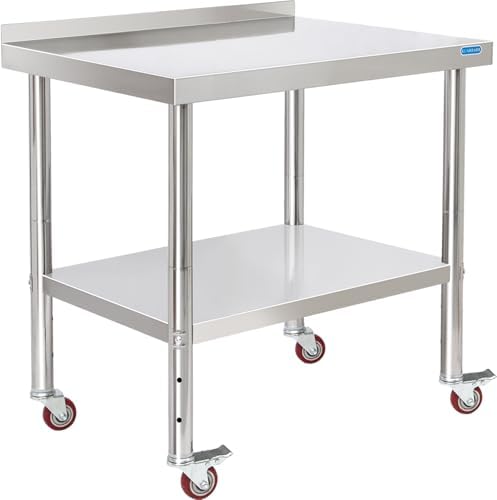 KUARBARR Stainless Steel Table for Prep & Work with 4 Caster Wheels with Backsplash 24 x 30 NSF Metal Commercial Kitchen Adjustable Under Shelf Worktable for Restaurant Home Outdoor by KUARBARR