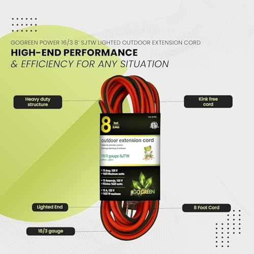 GoGreen Power Inc. (G-13708-2) 16/3 8' Heavy Duty Extension Cord - Orange, 8ft, 2 Pack - Image 4