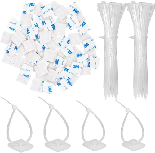 30 Pack 2 inch Zip Tie Adhesive Mounts Self Adhesive Cable Tie Base Holders with Multi-Purpose Tie wire clips with screw hole,Anchor stick on wire holder with 8 inch zip ties（White） by Rythcraft