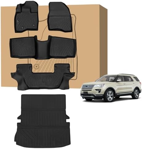 PELEUS Floor Mats Compatible with 2015-2019 Ford Explorer, Custom Fit TPE All-Weather Floor Liners 1st 2nd 3rd Row and Foldable Cargo Liner Set, Odorless Heavy Duty Automotive Mats for Camping by Unknown