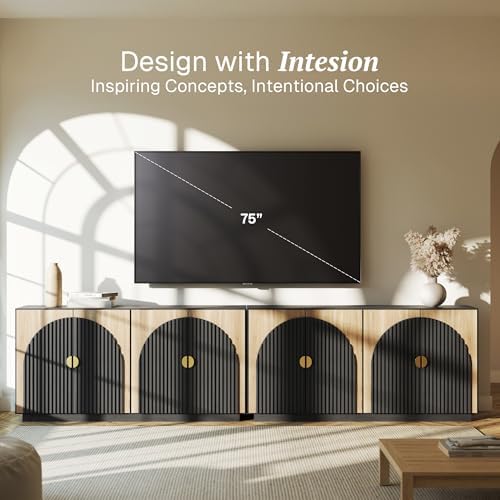 BELLEZE Set of 2 Sideboard Buffet, 65'' Fluted Cabinet with Symmetrical Arc Door, Accent Large Console for Kitchen and Living Room (Camel) - Image 3