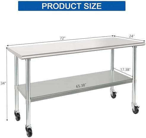 HARDURA Stainless Steel Commercial Table with Wheels 24 x 72 Inches - Image 2