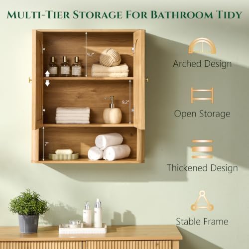 Bathroom Fluted Arched Wall Cabinet, 23.6''W Wood Medicine Cabinet, Natural - Image 3