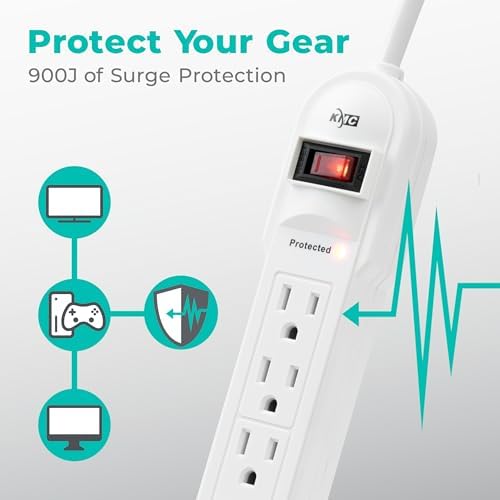 KMC 6-Outlet Surge Protector Power Strip 2-Pack, Overload Protection, 4-Foot Cord, 900 Joule - White - Image 4