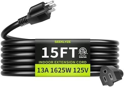 16/3 Black 15 FT Extension Cord Indoor for Appliances by Seeklyze