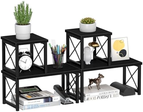 Honiter 2 Sets Desk Shelf, Desktop Organizer Shelf, Freestanding Small Bookshelf Desk Organizer, 2 Tier Independent Stackable Desktop Shelves, Desktop Office Storage Rack Display Shelf, Black by Honiter