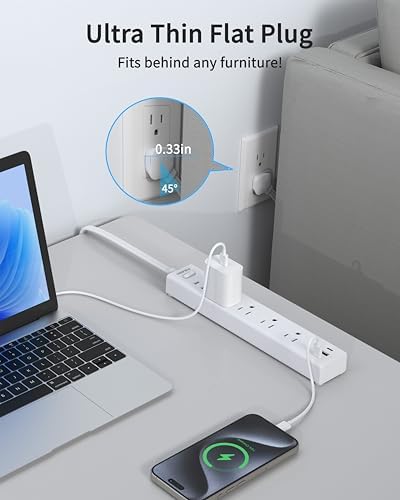 6FT Surge Protector Power Strip, 1700J, 5AC&1A2C, Flat Plug Extension Cord - Image 4