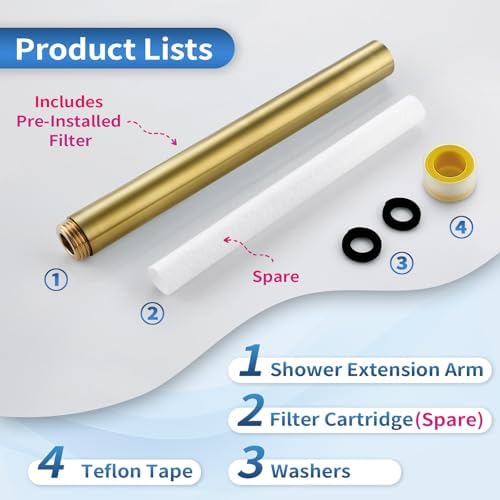 8" Showerhead Extension Arm w/PP Filter Cartridge, 8 Inch 304 Stainless Steel Brushed Gold Shower Arm Extender, Traps Sediment & Rust, Prevents Clogging, Extends Showerhead Life in Hard Water Area - Image 5