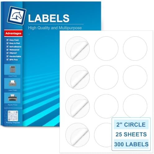 Circle Labels, 2" Diameter High Visibility Round Labels,Round Sticker Labels for Laser&Inkjet Printers,25 Sheets,300 Total Adhesive Labels for Price Tags,QR Codes,Business Logos,Pony Packaging HB-C012 by PonyPackaging