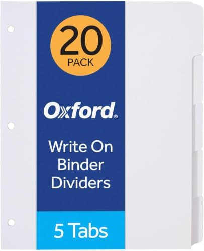 Oxford Blank Write On Binder, 1/5 Cut Tabs, 3 Hole Punch Dividers in 5 Tab Sets, 100-Dividers, 20 Sets, White (89981) (Pack of 5) by Oxford