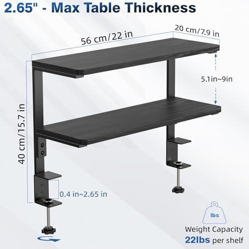 2-Tier Desk Extender, 22-inch Clamp-On Desk Shelf, Height-Adjustable Desktop Shelf Organizer for Monitors Office and Gaming Accessories, Arm Support Table Extension, Black - Image 3