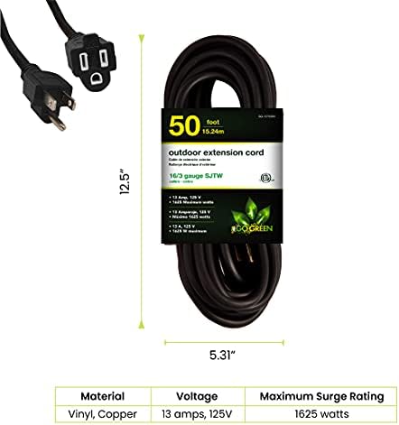 Power By GoGreen Go Green Power Inc. 16/3 50ft Black Outdoor Extension Cord - Durable, Heavy Duty, Moisture Resistant - Ideal for Tools & Equipment - GG-13750BK (Pack of 12) - Image 2