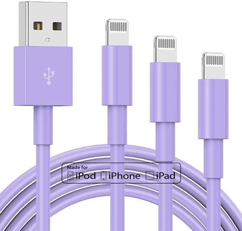 3 Pack Apple MFi Certified Charger Cable 6Ft, Lightning to USB Cable Cord 6 Foot, 2.4A Fast Charging,Apple Phone 6 Feet Long Chargers for iPhone 14/13/12/11/X/XS/XR/SE/8/7/6/5 Plus Pro Max Mini Purple by TUMABER