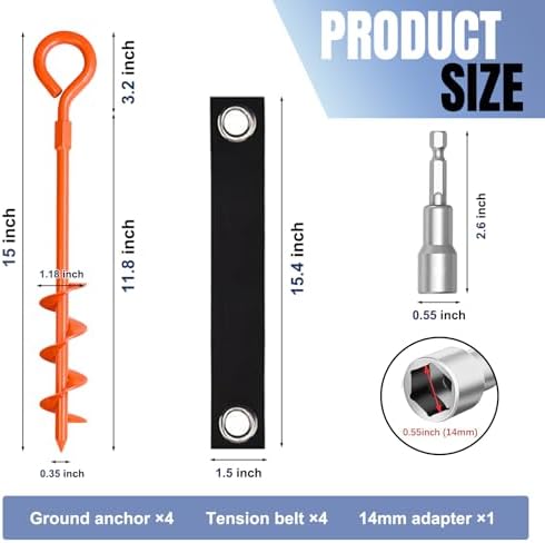 Eurmax USA 4 Pack Heavy Duty Ground Stakes&Anchors,Commercial Spiral Screw-in Trampoline Stakes with Reinforced Tie-Down Straps,High Wind Stabilizing Kit for Canopies,Outdoor Sheds,Swing Sets(Orange) - Image 6