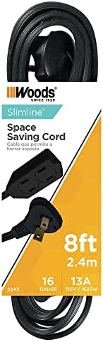 Woods 2243 16/3 Flat Indoor Extension Cord, 8-Foot, 3 Grounded Outlets, Right Angled Plug, Space Saving Design, UL Listed, Black by Woods