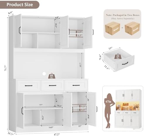 HOSTACK Kitchen Pantry Storage Cabinet, Tall Kitchen Hutch Cabinet, White - Image 3