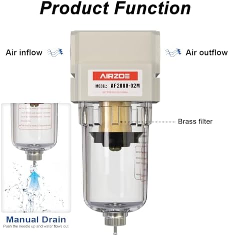 AIRZOE 1/4" NPT Compressed Air Filter AF2000-02M, Manual Drain,0-150psi - Image 4