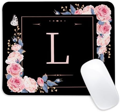 Letter L Black and Pink Flowers Square Mouse Pad, Mouse Pad with Stitched Edge and Non-Slip Rubber Base,Mouse Mat,Home Office Decor Desk Accessories,9.4x7.8x0.12 inch Square Mouse Pad by Unknown