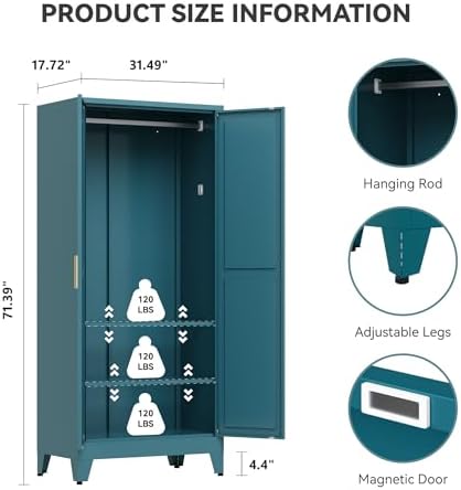 Baborokic Metal Armoire Wardrobe Closet with Hanging Rod,71H Metal Cabinet with Doors and Shelves,Bedroom Armoire Closet Organizers,Storage Cabinets for Bedroom,Office,Laundry Room(Blue) - Image 2