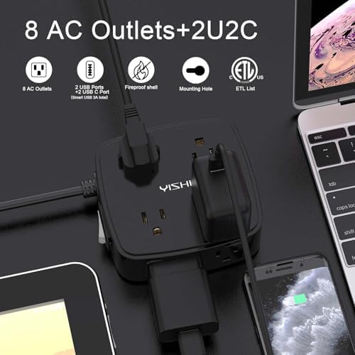 5Ft Surge Protector Power Strip - 8 Widely Outlets with 4 USB Ports, 3 Side Outlet Extender with 5 Feet Extension Cord, Flat Plug, Wall Mount, Desk USB Charging Station, ETL,Black - Image 2