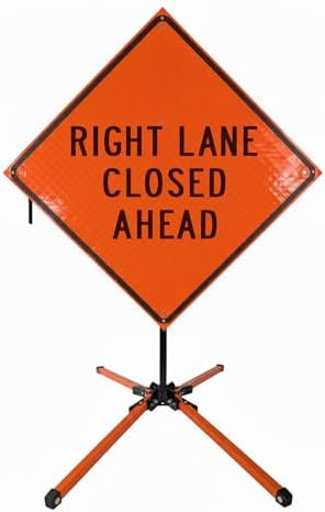 Traffic Roll-Up Sign Kit with Stand – Collapsible Safety Sign & Heavy-Duty Portable Stand, High Visibility, Easy Setup (Right Lane Closed Ahead, Reflective) by EASTERNMETALSIGNSANDSAFETY