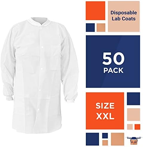 EZGOODZ Disposable Lab Coats for Adults, 2X-Large White, 45 GSM Polypropylene, Unisex Lab Coat with Snap Front, Knit Cuffs and Collar, 3 Pockets, Pack of 50 - Image 2