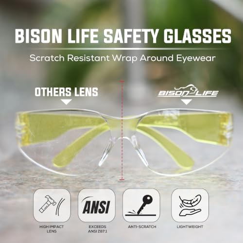 BISON LIFE Clear/Yellow Safety Glasses for Men & Women, ANSI Z87.1, 6 Pack - Image 2