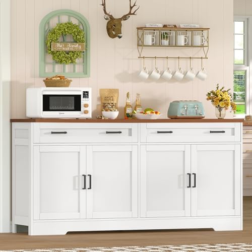 usikey 63" Buffet Cabinet with Storage, Large Sideboard Buffet Cabinet with 2 Adjustable Shelves and 4 Doors, Modern Farmhouse Coffee Bar for Kitchen, Living Room, White - Image 2