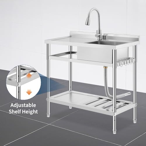 GarveeTech 39 in x20 in Freestanding Stainless Steel Utility Sink with Workbench, Hot & Cold Faucet, Undershelf, Knife Holder, S-Hooks – Commercial Prep Sink for Kitchen, Garage, Outdoor, Laundry - Image 6